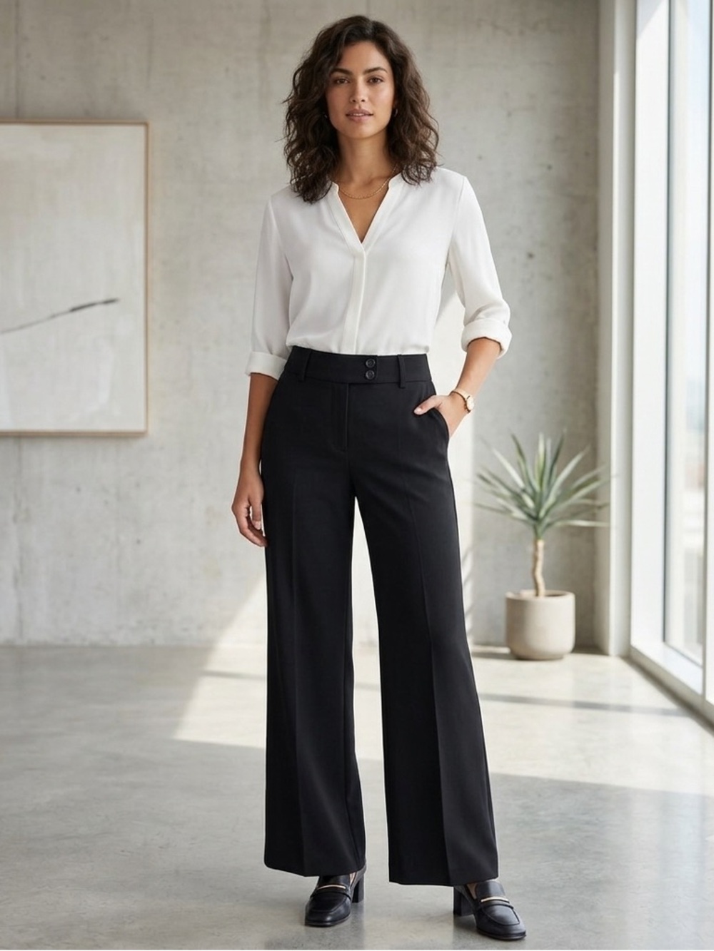 Yansi Fugel Wide-Leg Black Dress Pants, Women’s Size 6, Button Zipper Closure